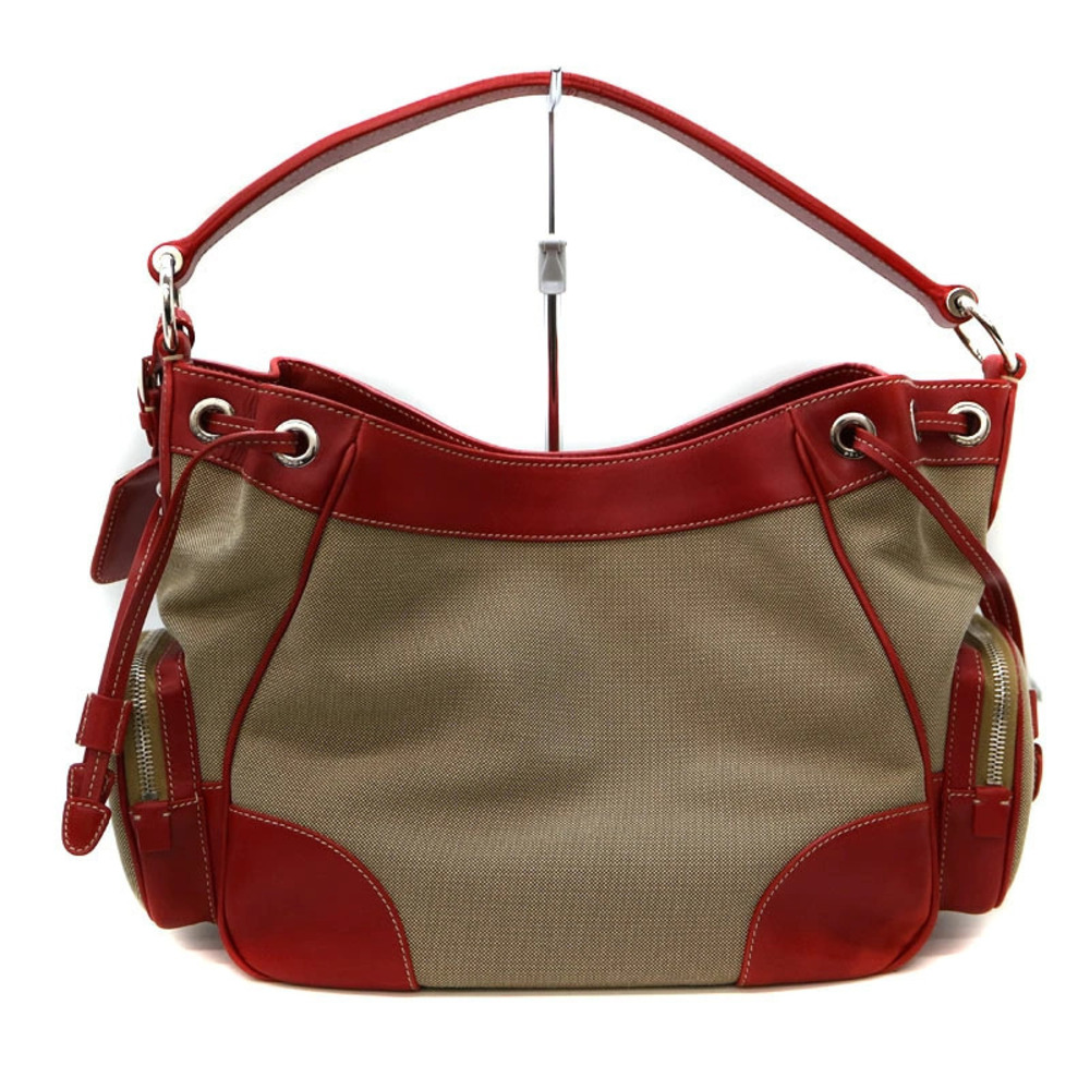 Prada One Beige Leather Canvas Bag Handbag Hobo Red Shoulder